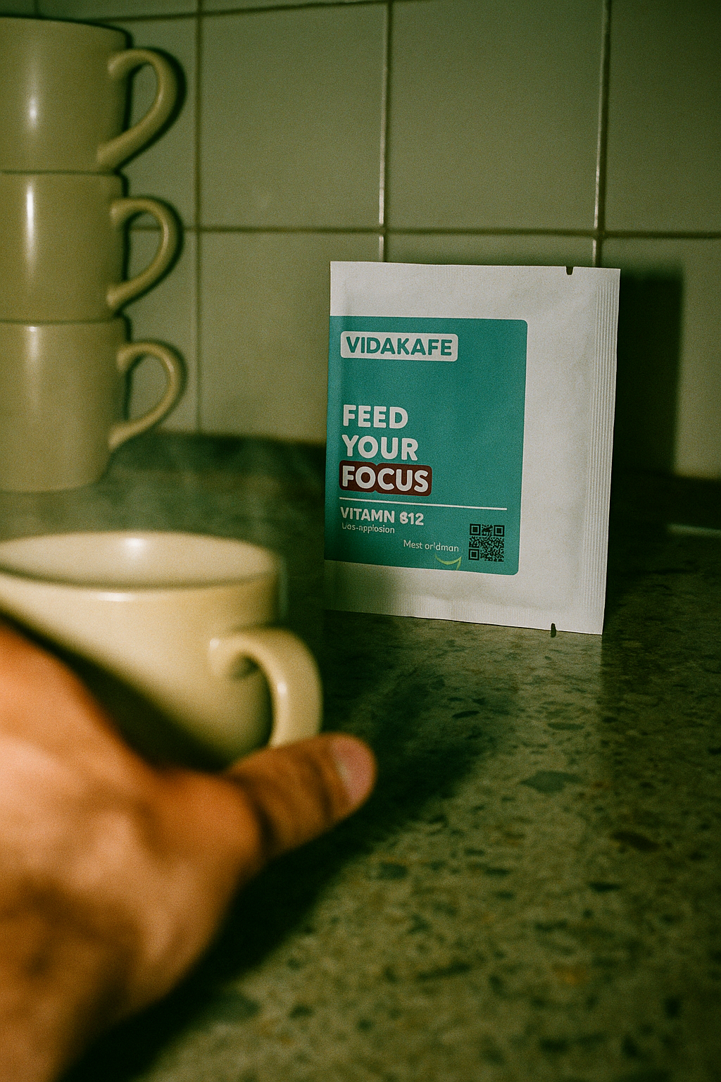 Vidakafe B12 Drip Bag in einer Küche mit Kaffeetasse