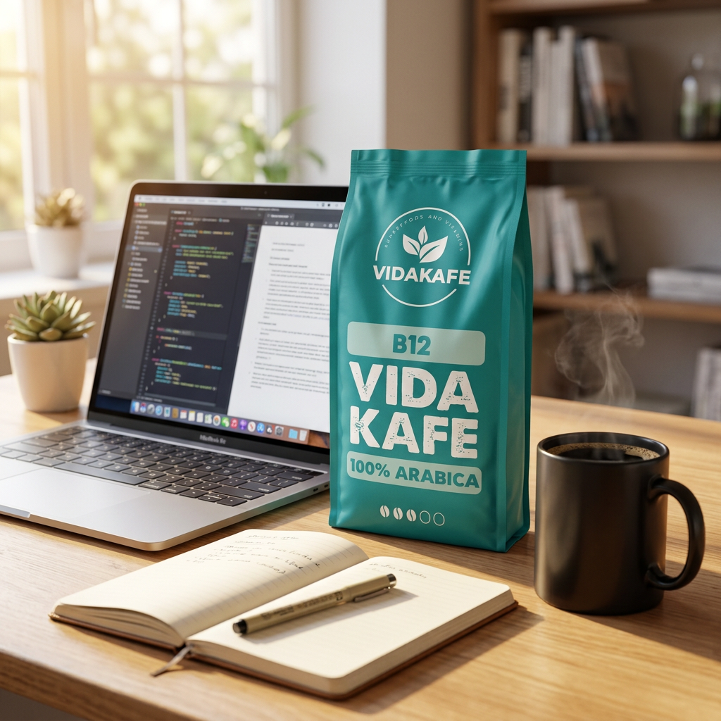 Vidakafe B12 250-g-Beutel auf einem Schreibtisch mit Laptop und Kaffeetasse