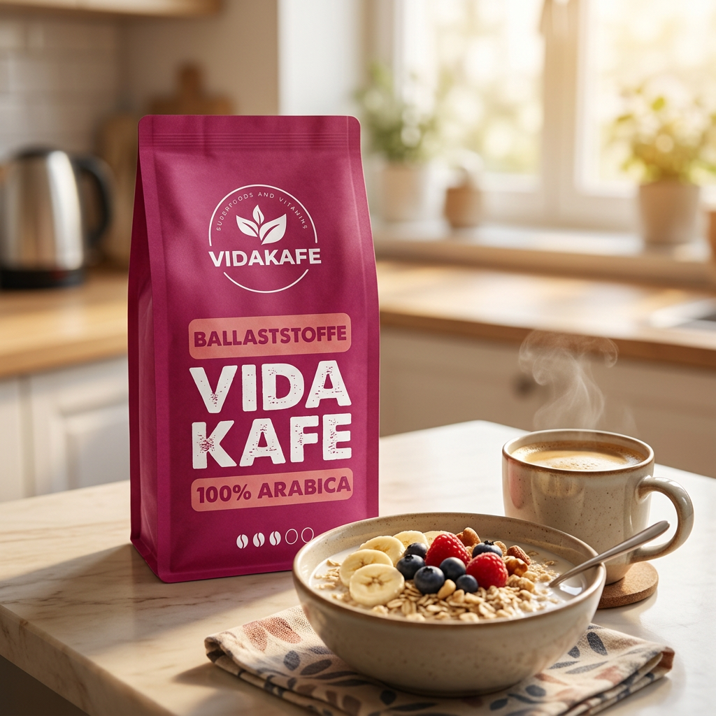Vidakafe Ballaststoffe 250-g-Beutel in der Küche neben einem Frühstücksmüsli