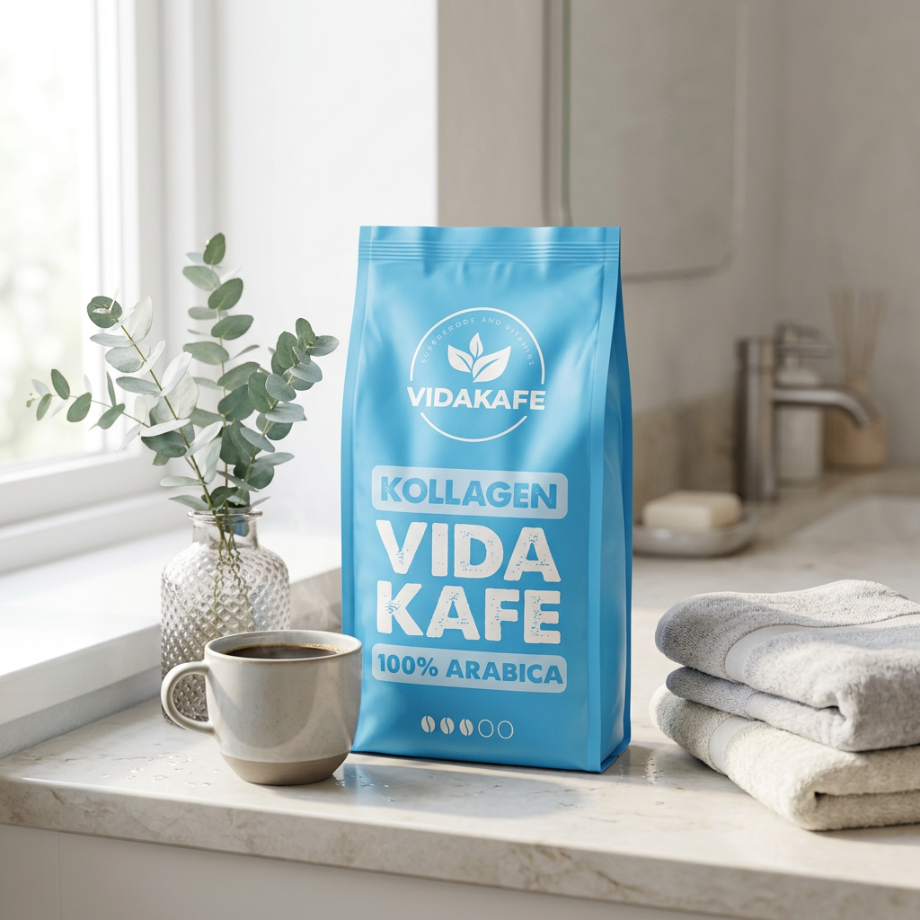 Vidakafe Kollagen 250-g-Beutel im hellen Badezimmer mit Kaffeetasse