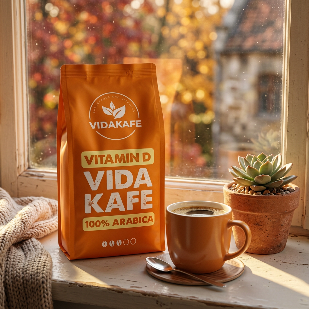 Vidakafe Vitamin D 250-g-Beutel auf einer sonnigen Fensterbank mit Kaffeetasse
